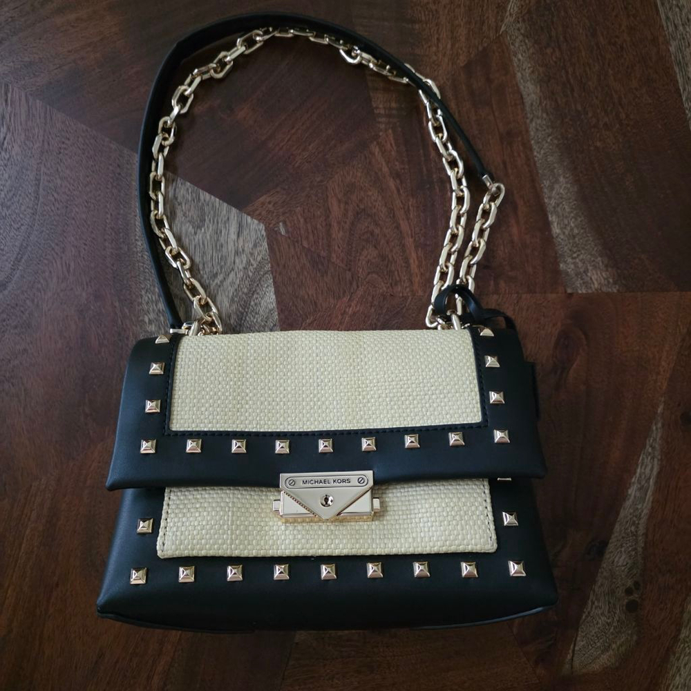 Michael Kors Studded Straw & Leather Crossbody Bag Tan/Black One Size - Picture 5 of 15